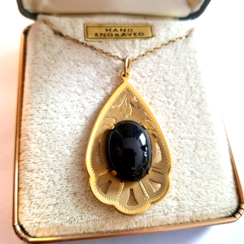 Vintage Theda necklace in box onyx gold filled nwt new old stock fill